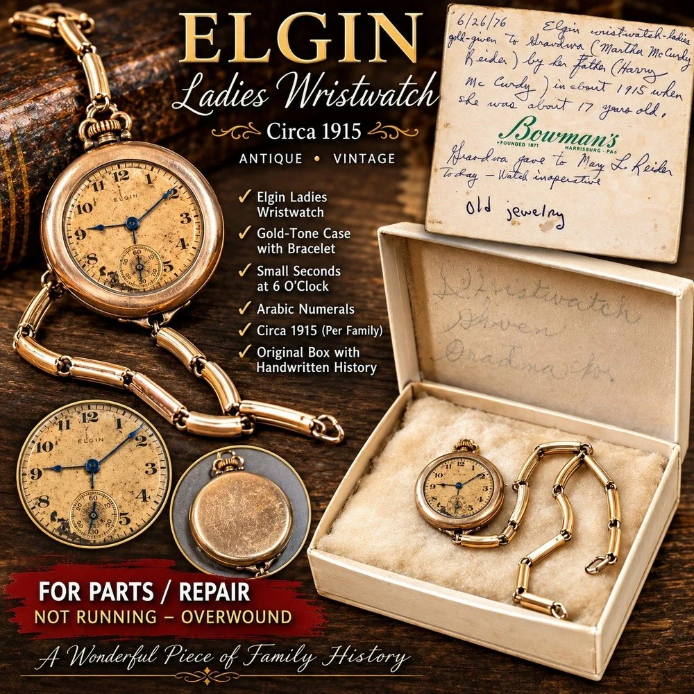 Antique 1915 Elgin Ladies Wristwatch Gold Filled Parts Repair Original Box Note
